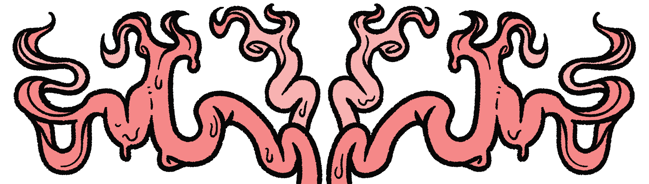 Illustration of pink intestines, sprawling upwards, and terminating in smokey plumes.